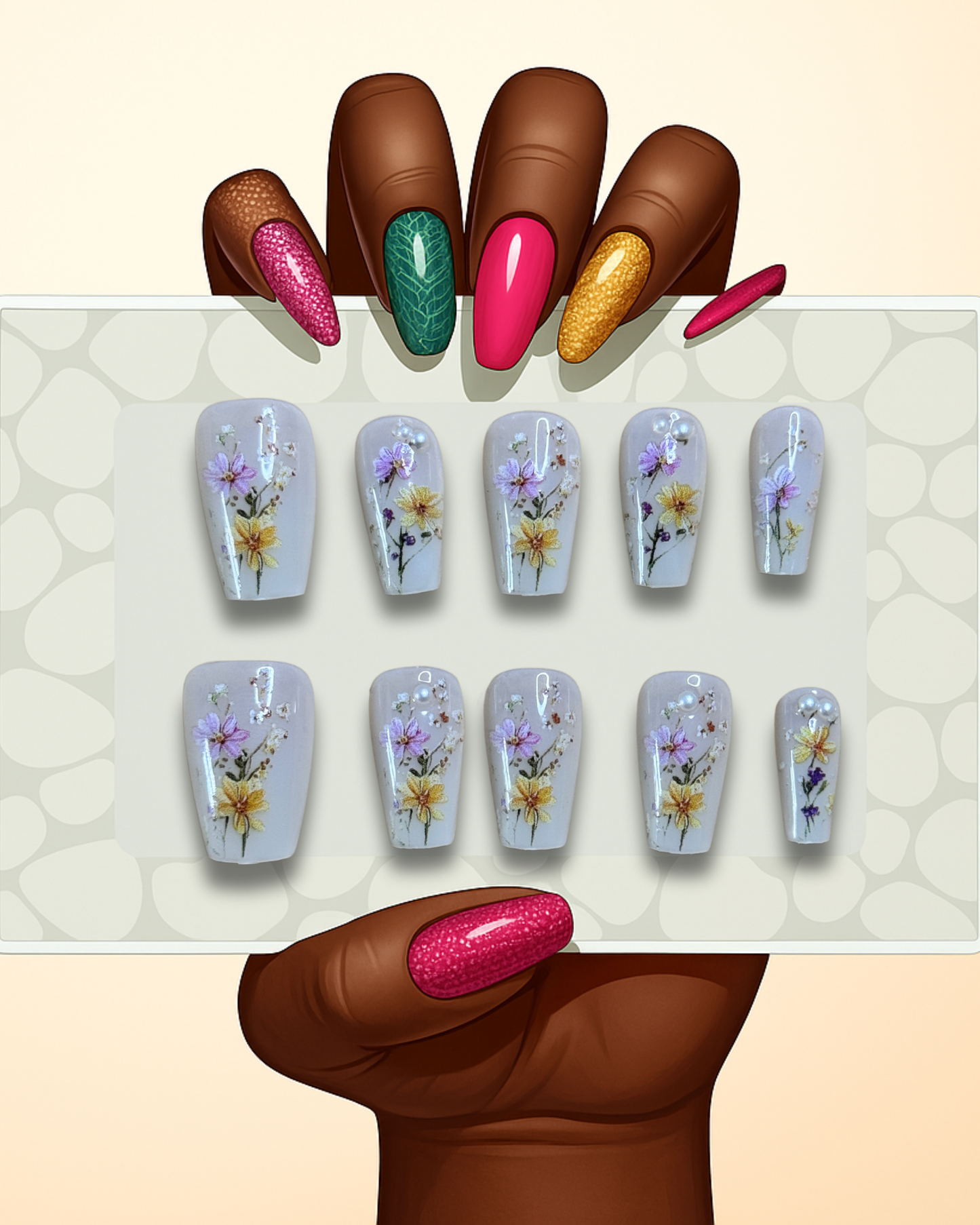 Botanic Dust press on nails with hand-painted yellow and purple florals on neutral base, square shape