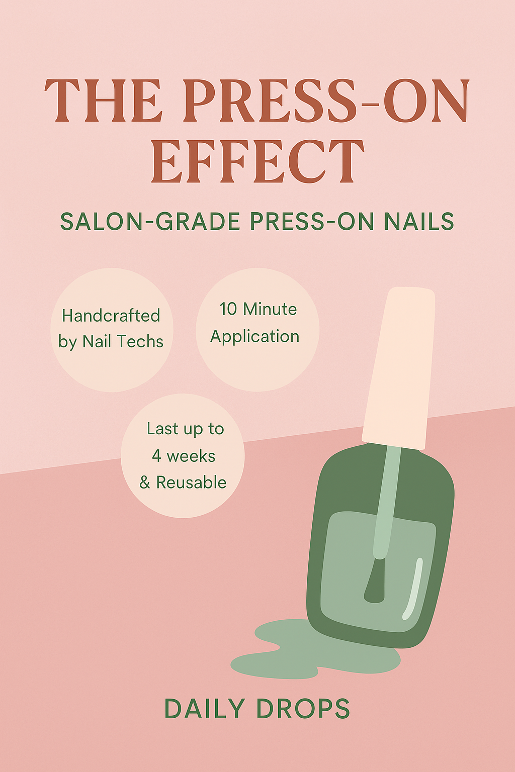 A branded promotional graphic for The Press-On Effect featuring a nail polish bottle and marketing highlights: handcrafted by nail techs, 10-minute application, lasts up to 4 weeks, and reusable.