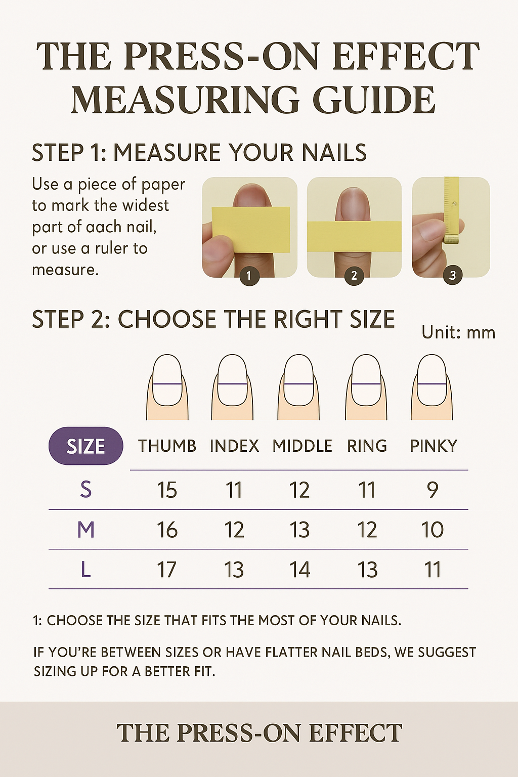 An illustrated measuring guide for The Press-On Effect showing how to measure your nails using a strip of paper and ruler, with a size chart in millimeters for thumb to pinky in small, medium, and large.