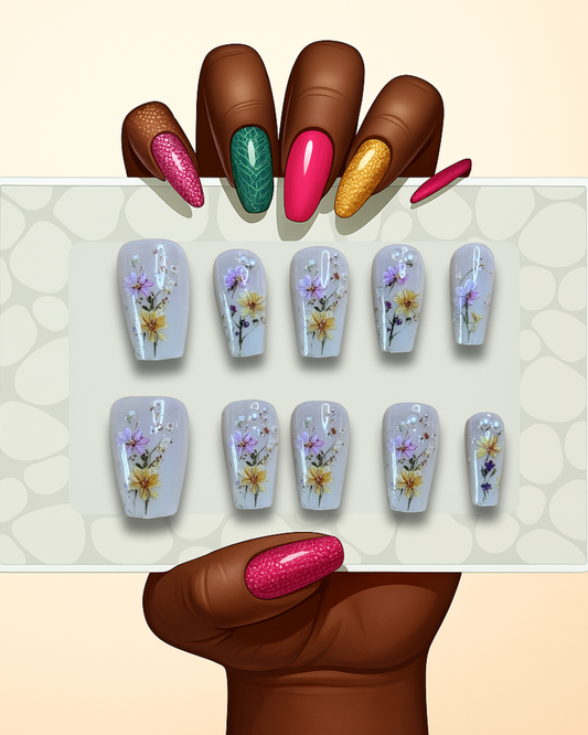 Botanic Dust press on nails with hand-painted yellow and purple florals on neutral base, square shape