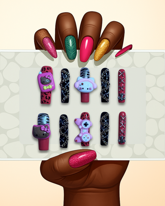 Press on nails set featuring bold red tones, animal print, lace-up designs, and 3D bows – Bows Before Bros by NC Nail Bar.