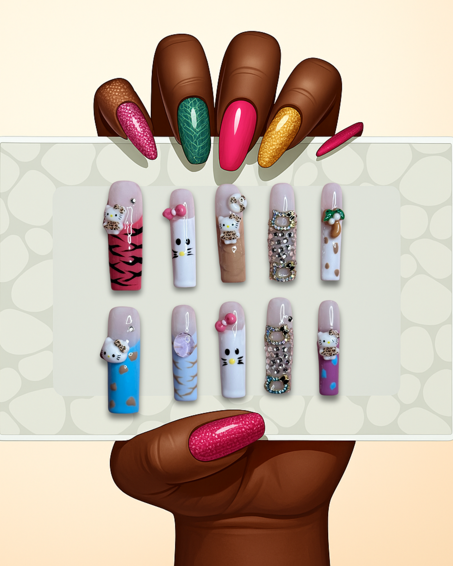 Wild Whiskers press on nails with animal print, 3D charms, character accents, leopard spots, and bold striped details