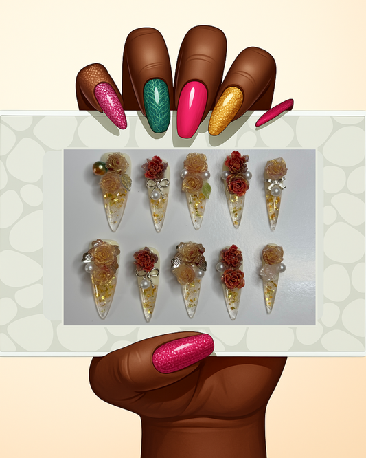Crimson Keepsake press on nails with red florals, gold foil, and stiletto tips